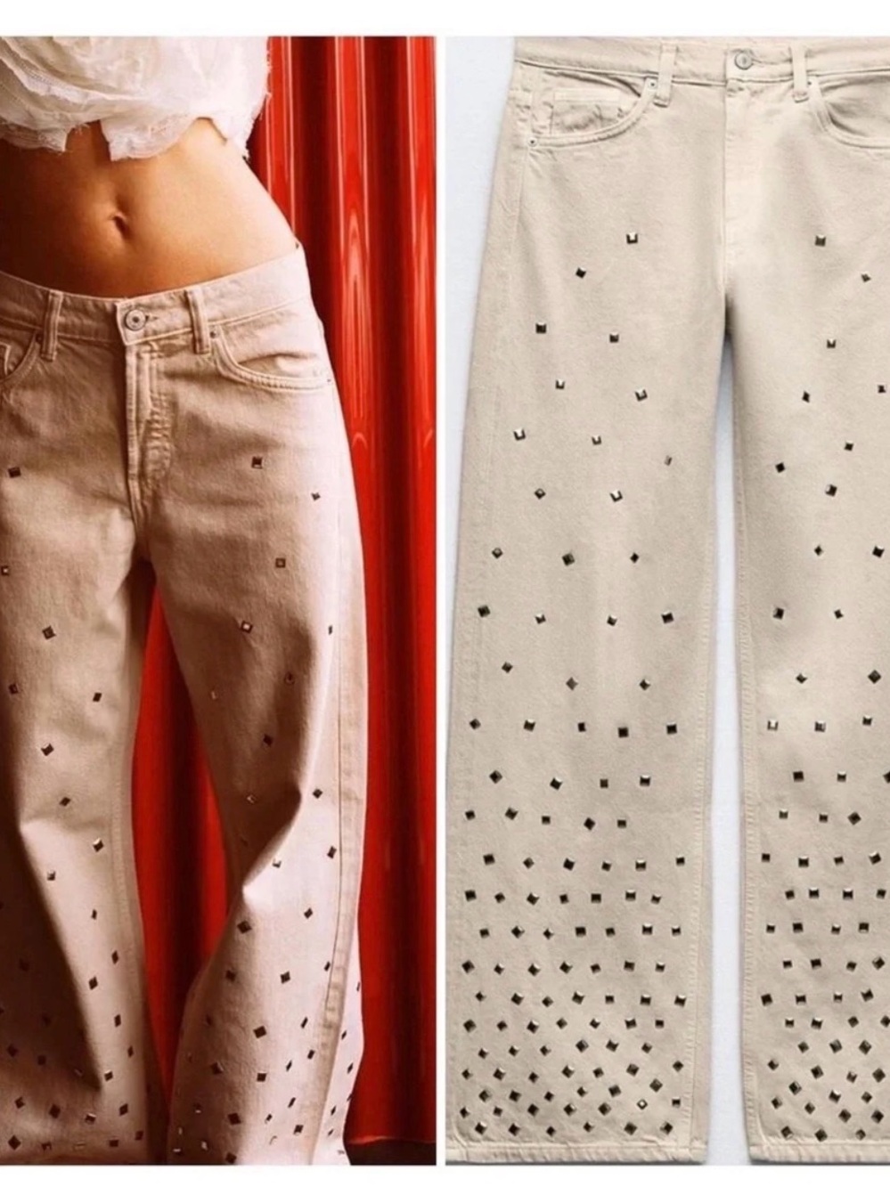 ZARA NWT Beige Studded Wide-Leg Jeans